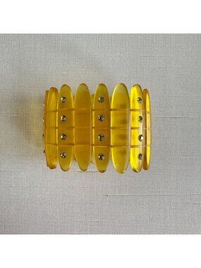 Amber Lucite Rhinestone Stretch Bracelet Oval Panel 1960s Wide Cuff